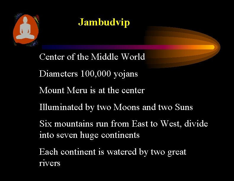 Jambudvip Center of the Middle World Diameters 100, 000 yojans Mount Meru is at