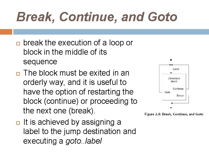 Break, Continue, and Goto break the execution of a loop or block in the