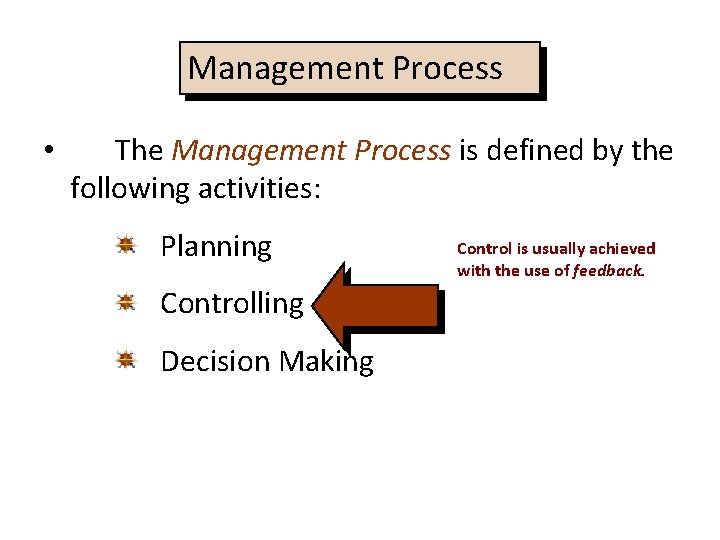 Management Process • The Management Process is defined by the following activities: Planning Controlling