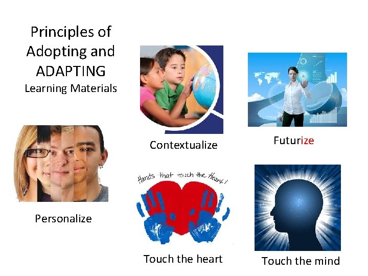 Principles of Adopting and ADAPTING Learning Materials Contextualize Futurize Personalize Touch the heart Touch