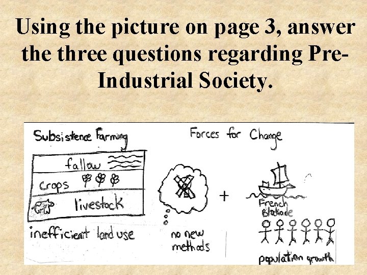 Using the picture on page 3, answer the three questions regarding Pre. Industrial Society.