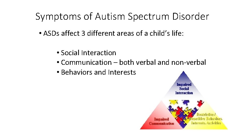 Symptoms of Autism Spectrum Disorder • ASDs affect 3 different areas of a child’s