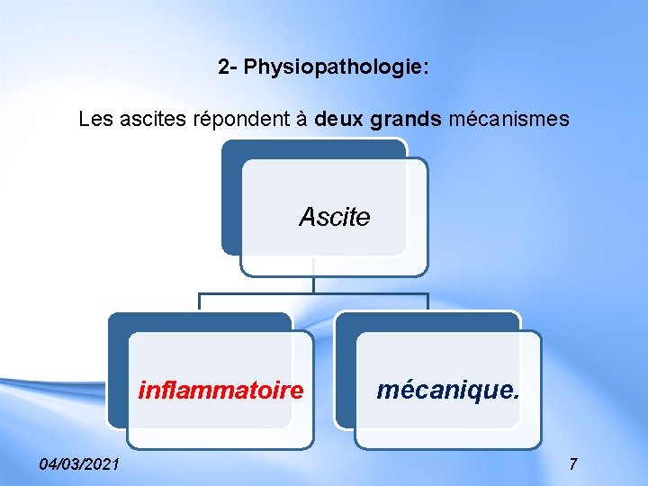 2 - Physiopathologie: Les ascites répondent à deux grands mécanismes Ascite inflammatoire 04/03/2021 mécanique.