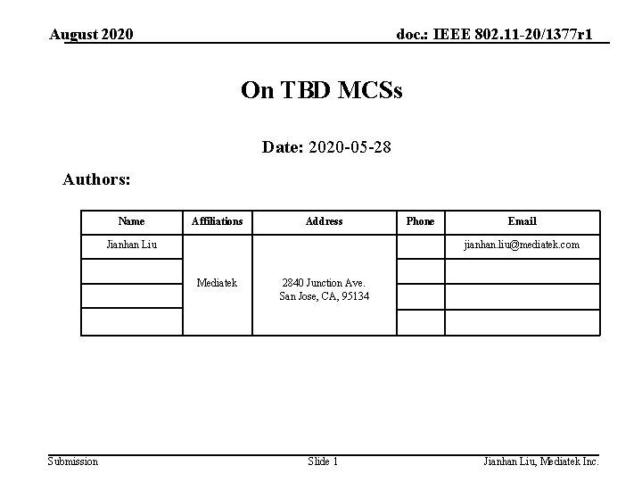 August 2020 doc. : IEEE 802. 11 -20/1377 r 1 On TBD MCSs Date: