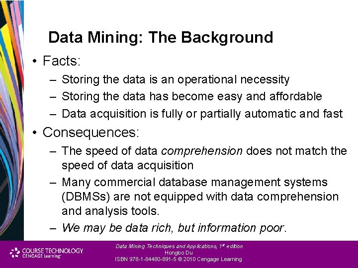 Data Mining: The Background • Facts: – Storing the data is an operational necessity