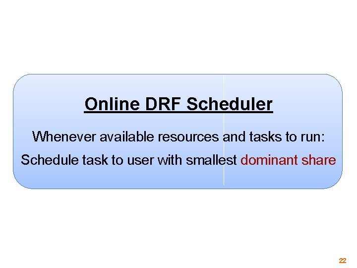 Online DRF Scheduler Whenever available resources and tasks to run: Schedule task to user