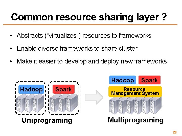Common resource sharing layer ? • Abstracts (“virtualizes”) resources to frameworks • Enable diverse