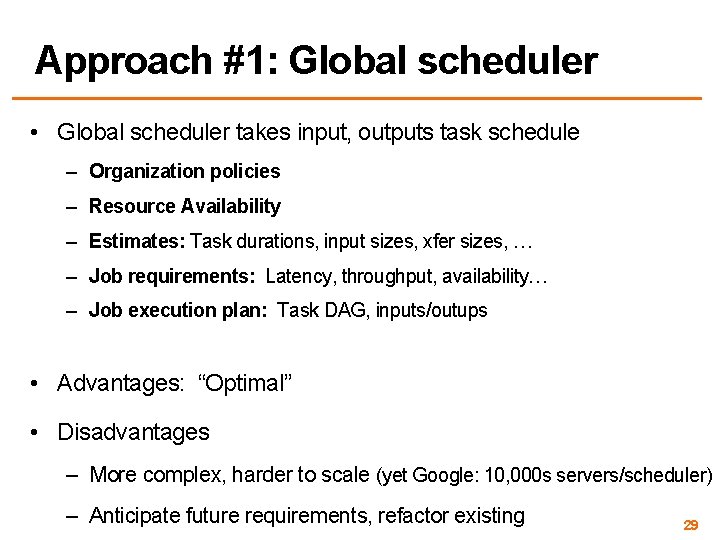Approach #1: Global scheduler • Global scheduler takes input, outputs task schedule – Organization