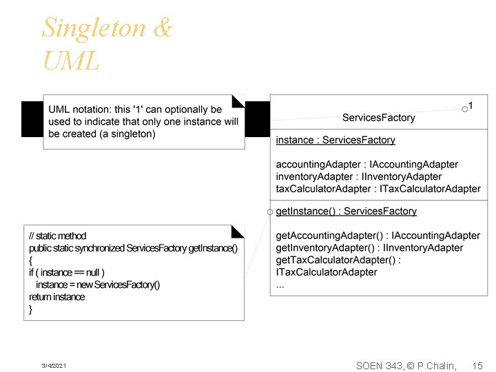 Singleton & UML 3/4/2021 SOEN 343, © P. Chalin, 15 