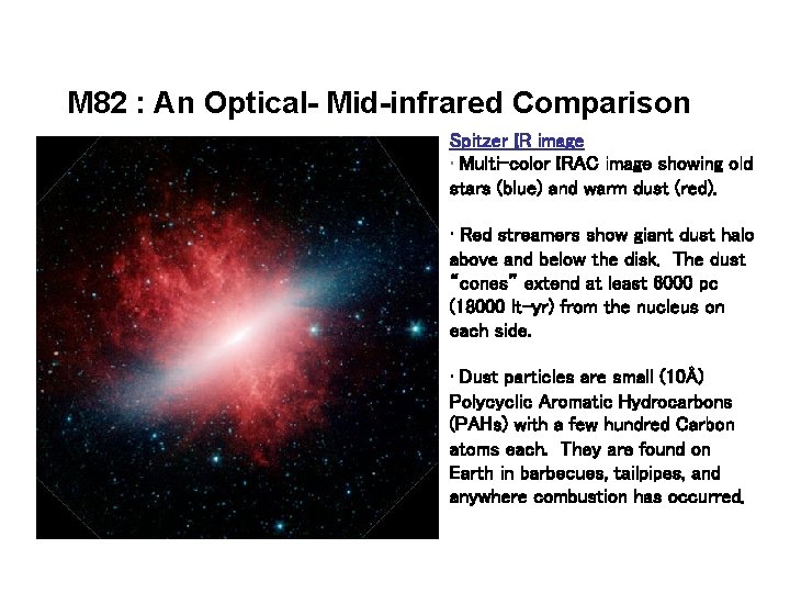 M 82 : An Optical- Mid-infrared Comparison Spitzer IR image • Multi-color IRAC image