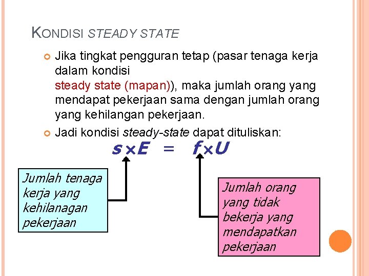 KONDISI STEADY STATE Jika tingkat pengguran tetap (pasar tenaga kerja dalam kondisi steady state