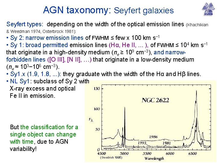 AGN taxonomy: Seyfert galaxies Seyfert types: depending on the width of the optical emission