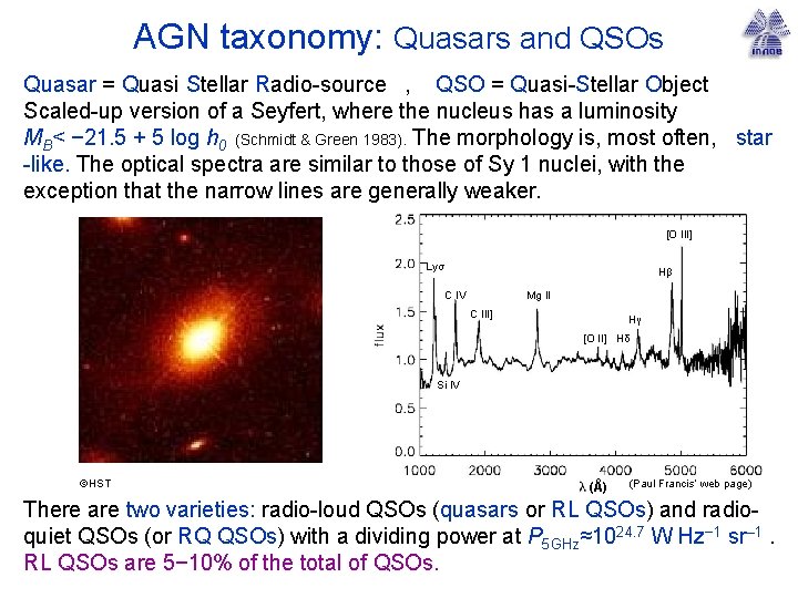 AGN taxonomy: Quasars and QSOs Quasar = Quasi Stellar Radio-source , QSO = Quasi-Stellar