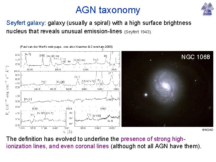 AGN taxonomy Seyfert galaxy: galaxy (usually a spiral) with a high surface brightness nucleus