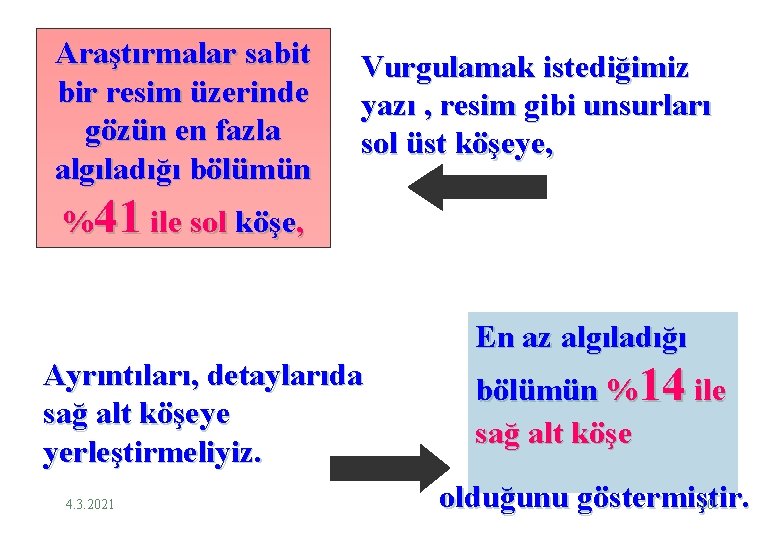 Araştırmalar sabit bir resim üzerinde gözün en fazla algıladığı bölümün Vurgulamak istediğimiz yazı ,