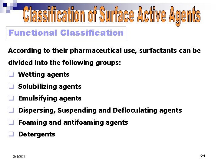 Functional Classification According to their pharmaceutical use, surfactants can be divided into the following