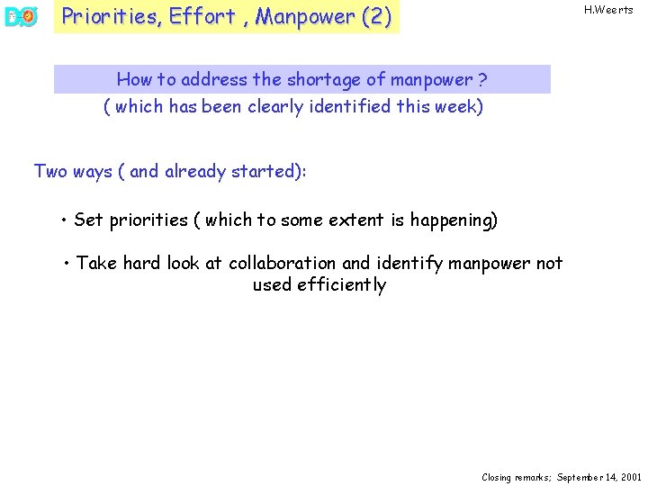 Priorities, Effort , Manpower (2) H. Weerts How to address the shortage of manpower