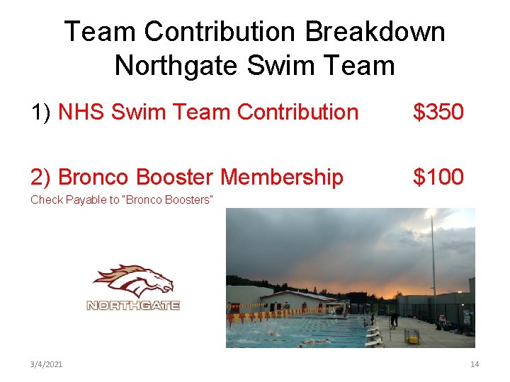 Team Contribution Breakdown Northgate Swim Team 1) NHS Swim Team Contribution $350 2) Bronco