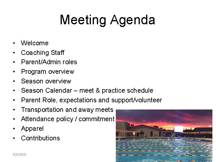 Meeting Agenda • • • Welcome Coaching Staff Parent/Admin roles Program overview Season Calendar