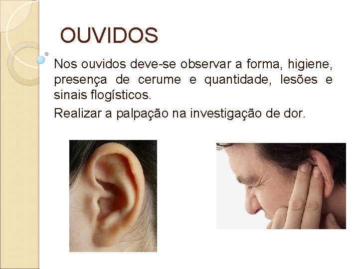 OUVIDOS Nos ouvidos deve-se observar a forma, higiene, presença de cerume e quantidade, lesões