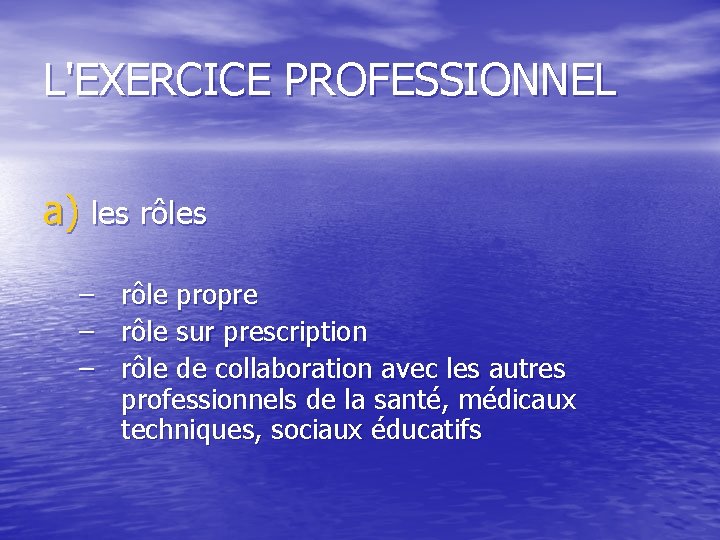 L'EXERCICE PROFESSIONNEL a) les rôles – rôle propre – rôle sur prescription – rôle