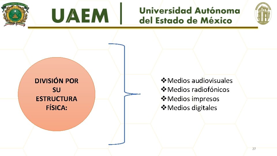 DIVISIÓN POR SU ESTRUCTURA FÍSICA: v. Medios audiovisuales v. Medios radiofónicos v. Medios impresos