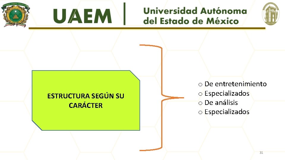ESTRUCTURA SEGÚN SU CARÁCTER o De entretenimiento o Especializados o De análisis o Especializados