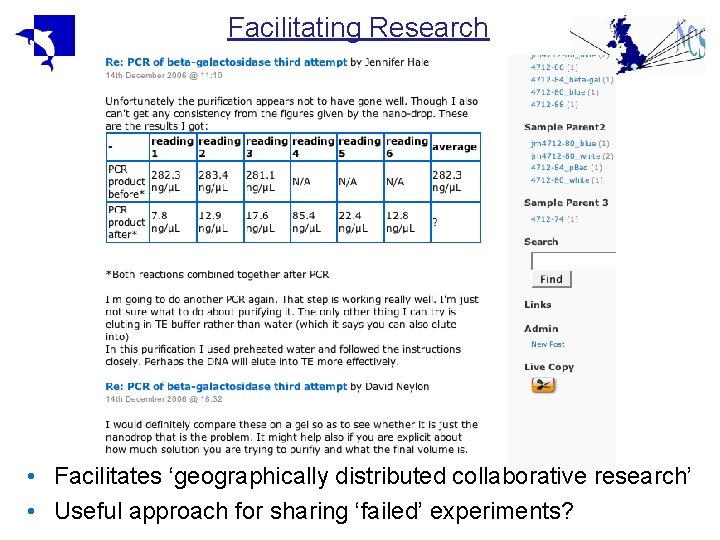 Facilitating Research • Facilitates ‘geographically distributed collaborative research’ • Useful approach for sharing ‘failed’ Facilitating Research • Facilitates ‘geographically distributed collaborative research’ • Useful approach for sharing ‘failed’