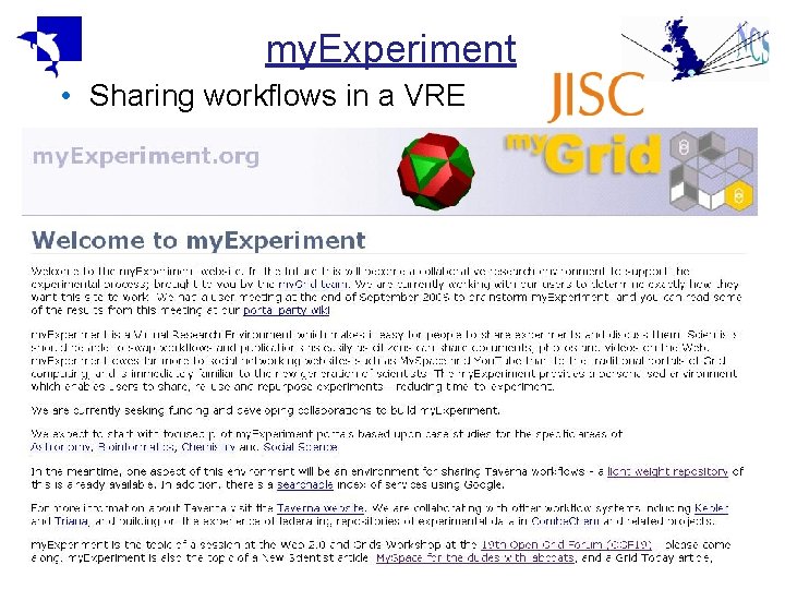 my. Experiment • Sharing workflows in a VRE my. Experiment • Sharing workflows in a VRE