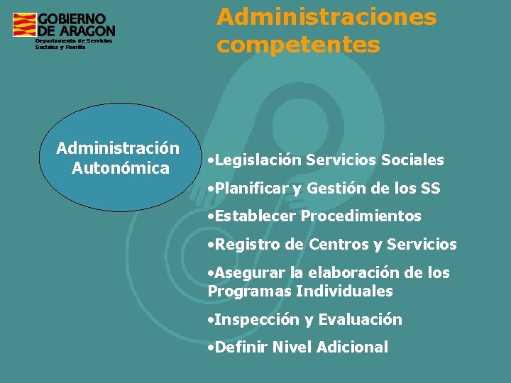 Administraciones competentes Administración Autonómica • Legislación Servicios Sociales • Planificar y Gestión de los