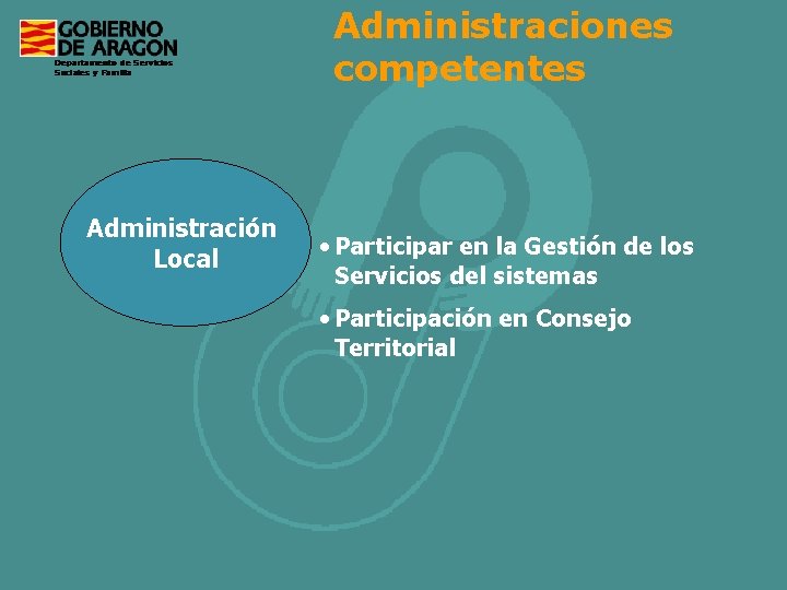 Administraciones competentes Administración Local • Participar en la Gestión de los Servicios del sistemas