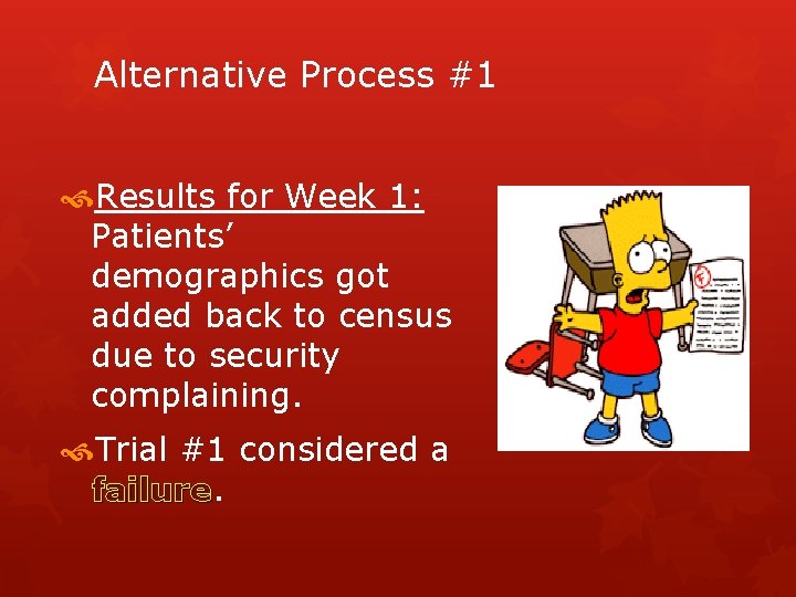 Alternative Process #1 Results for Week 1: Patients’ demographics got added back to census