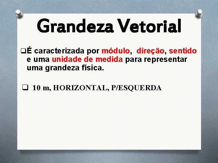 Grandeza Vetorial qÉ caracterizada por módulo, direção, sentido e uma unidade de medida para