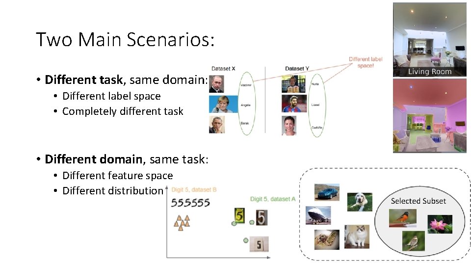 Two Main Scenarios: • Different task, same domain: • Different label space • Completely