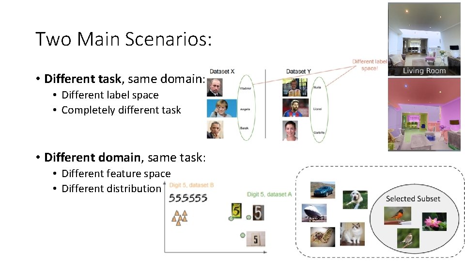 Two Main Scenarios: • Different task, same domain: • Different label space • Completely