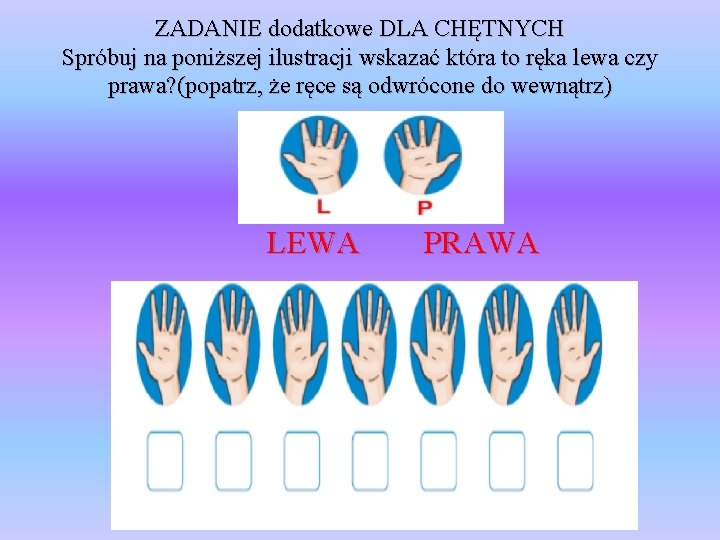 ZADANIE dodatkowe DLA CHĘTNYCH Spróbuj na poniższej ilustracji wskazać która to ręka lewa czy