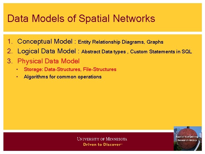 Data Models of Spatial Networks 1. Conceptual Model : Entity Relationship Diagrams, Graphs 2.