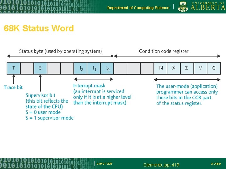 Department of Computing Science 68 K Status Word CMPUT 229 Clements, pp. 419 ©