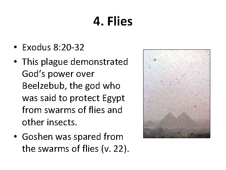 4. Flies • Exodus 8: 20 -32 • This plague demonstrated God’s power over