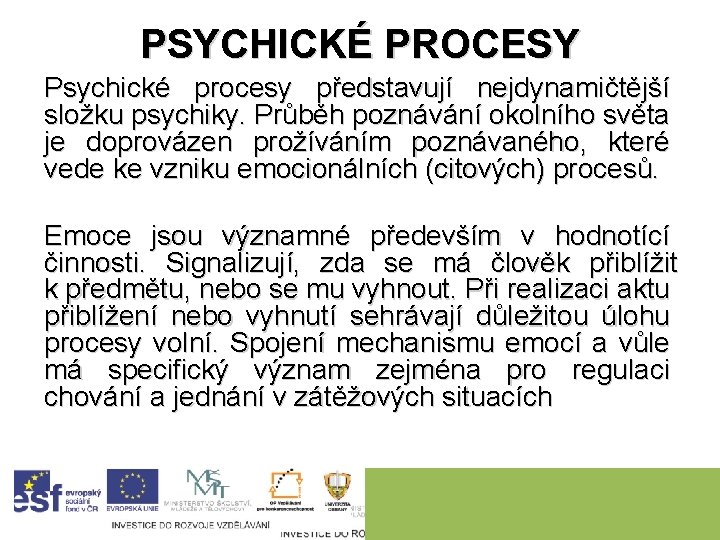 PSYCHICKÉ PROCESY Psychické procesy představují nejdynamičtější složku psychiky. Průběh poznávání okolního světa je doprovázen