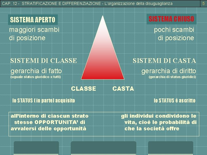 CAP. 12 - STRATIFICAZIONE E DIFFERENZIAZIONE - L’organizzazione della disuguaglianza SISTEMA CHIUSO pochi scambi