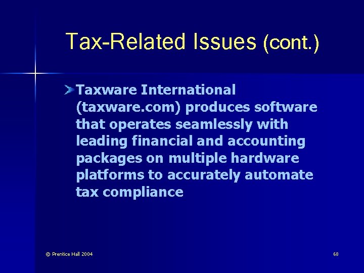 Tax-Related Issues (cont. ) Taxware International (taxware. com) produces software that operates seamlessly with