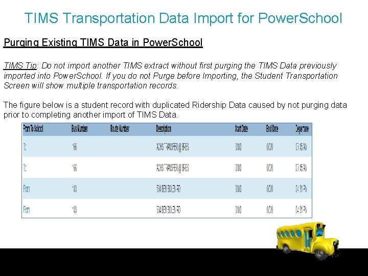 TIMS Transportation Data Import for Power. School Purging Existing TIMS Data in Power. School