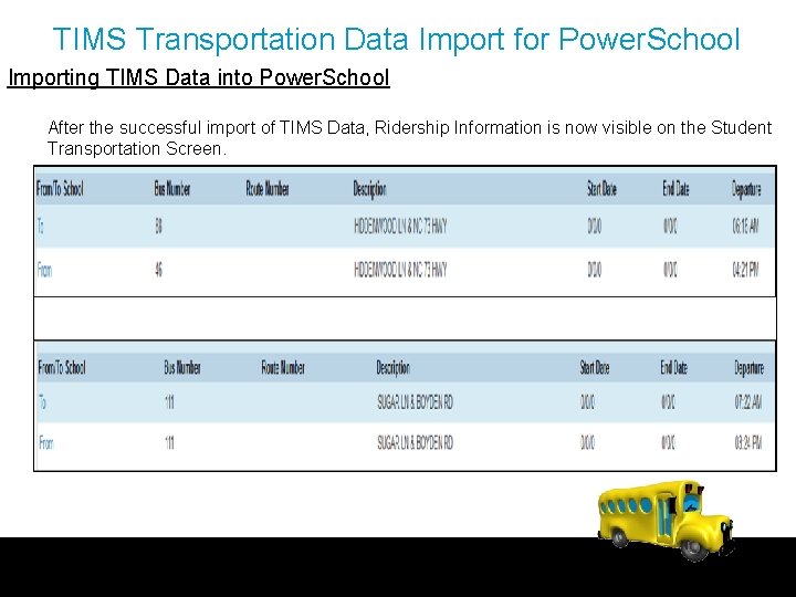 TIMS Transportation Data Import for Power. School Importing TIMS Data into Power. School After