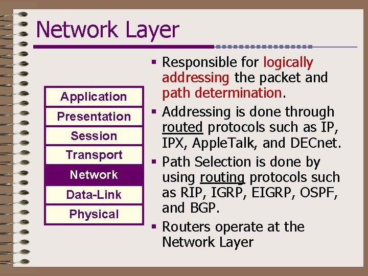 Network Layer Application Presentation Session Transport Network Data-Link Physical § Responsible for logically addressing