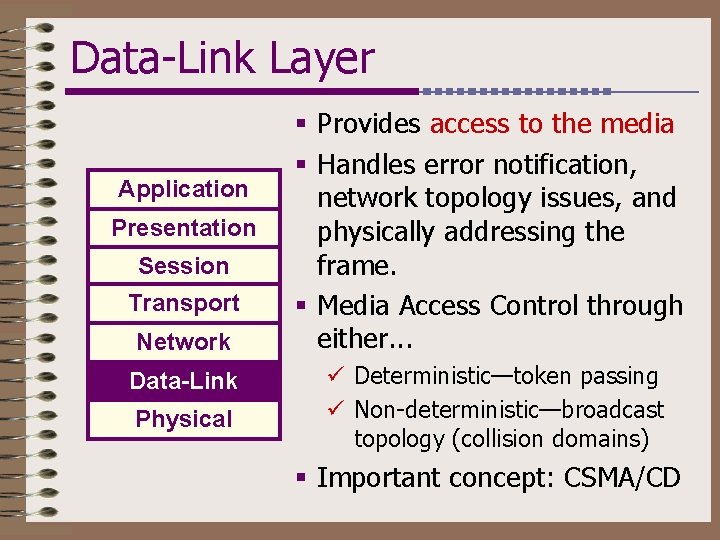 Data-Link Layer Application Presentation Session Transport Network Data-Link Physical § Provides access to the