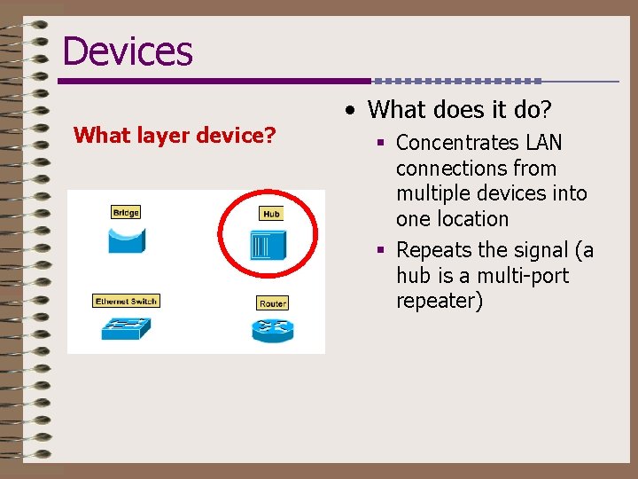 Devices What layer device? • What does it do? § Concentrates LAN connections from
