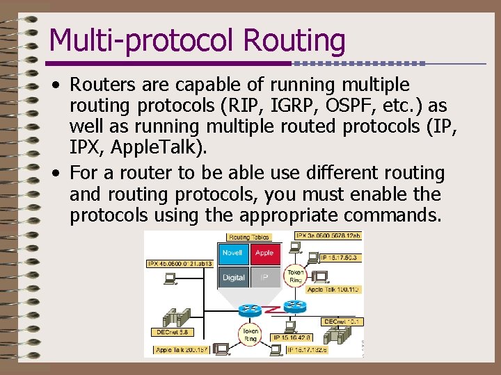 Multi-protocol Routing • Routers are capable of running multiple routing protocols (RIP, IGRP, OSPF,