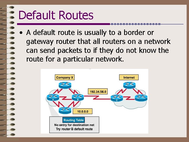 Default Routes • A default route is usually to a border or gateway router