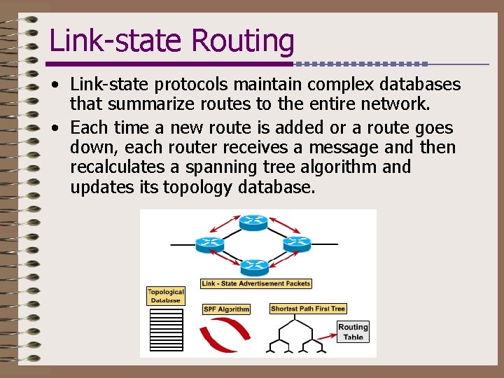 Link-state Routing • Link-state protocols maintain complex databases that summarize routes to the entire